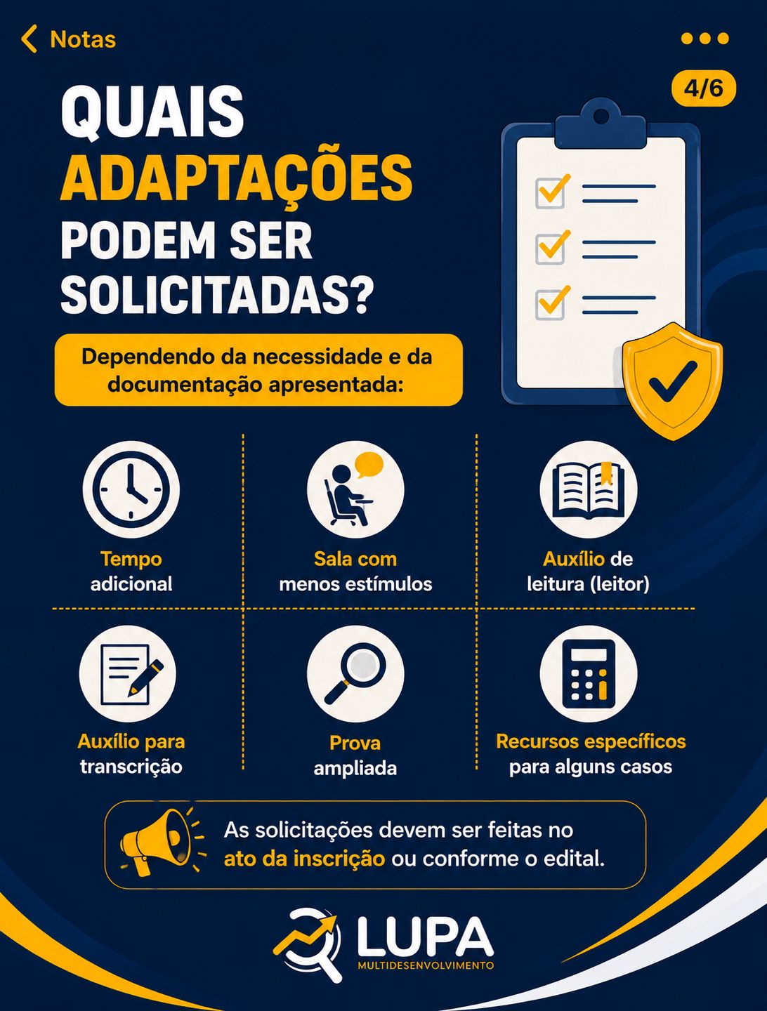 Adaptações que podem ser solicitadas no ENEM 2026: tempo adicional, sala com menos estímulos, auxílio de leitura, auxílio para transcrição, prova ampliada e recursos específicos.