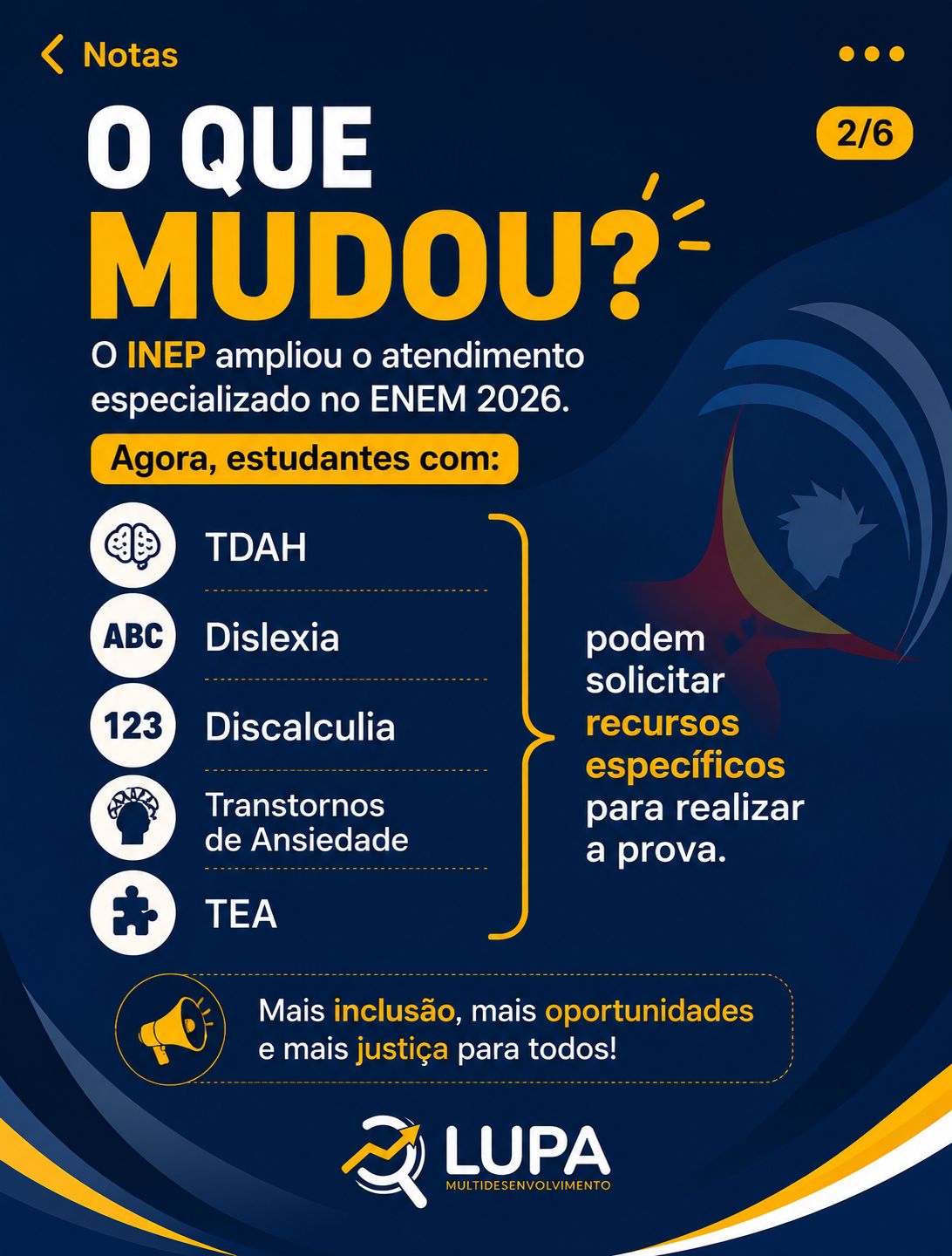 O INEP ampliou o atendimento especializado no ENEM 2026: TDAH, Dislexia, Discalculia, Transtornos de Ansiedade e TEA podem solicitar recursos específicos para realizar a prova.