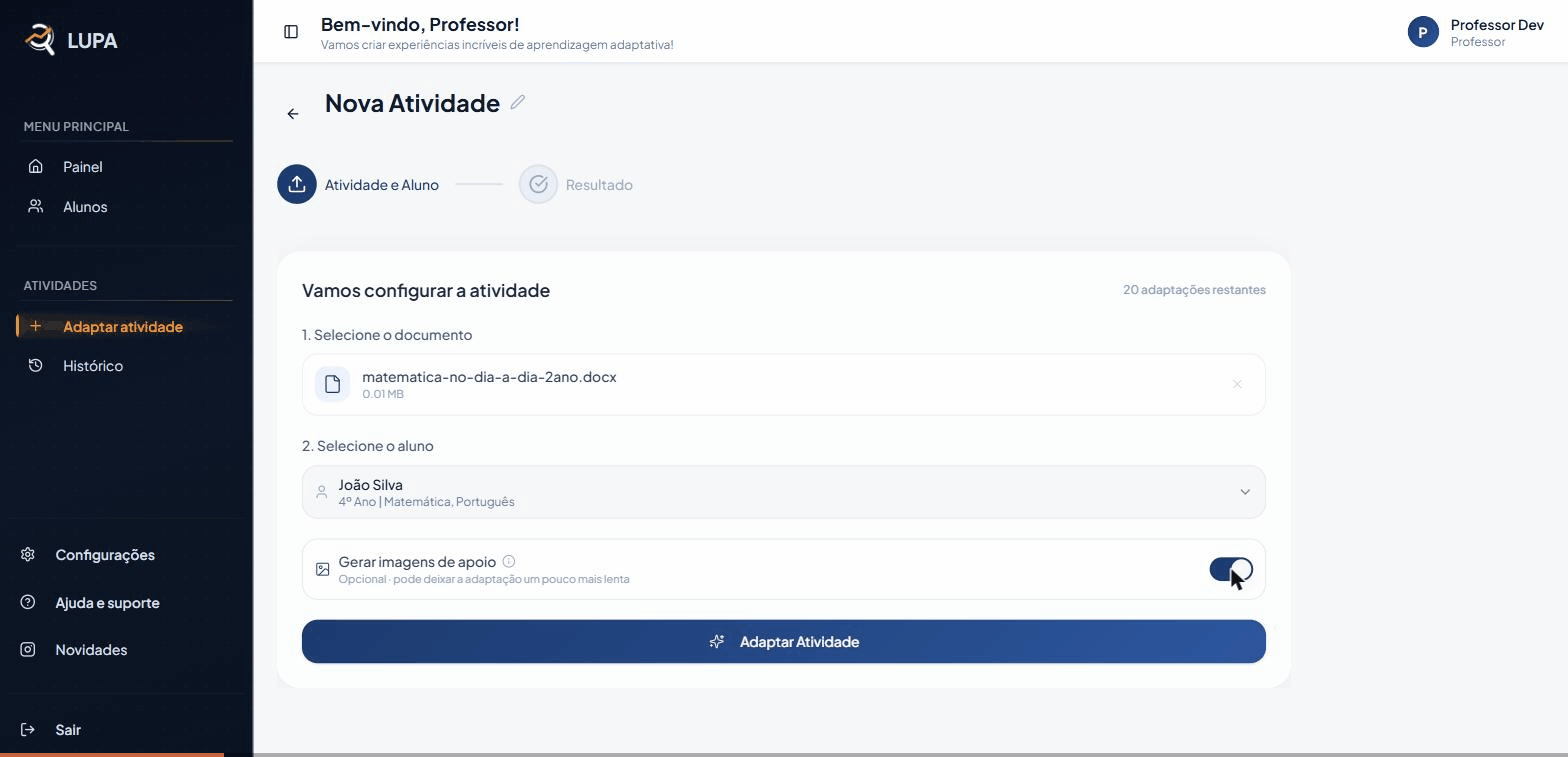 Demonstração no Lupa: o professor ativa "Gerar imagens de apoio", adapta a atividade e recebe ilustrações contextuais — uma cesta de frutas sobre a mesa para um problema sobre a feira.