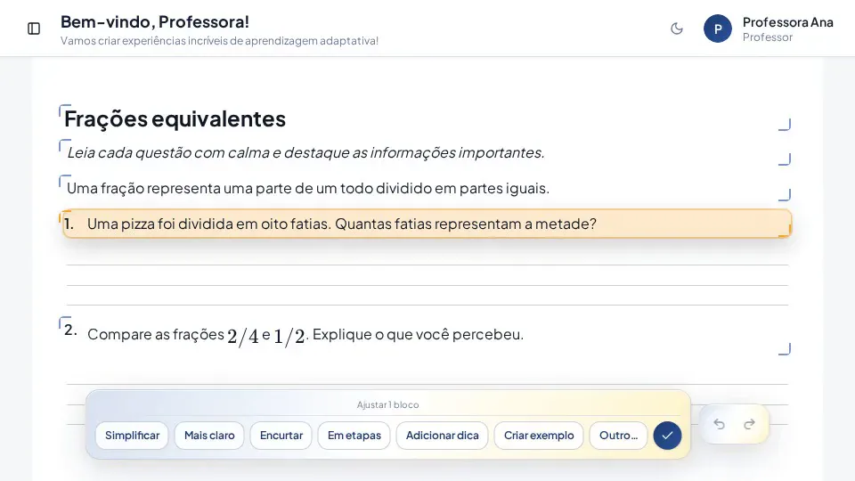 Editor no modo de edição com IA, com uma questão selecionada e opções como simplificar, encurtar, dividir em etapas e criar exemplo.