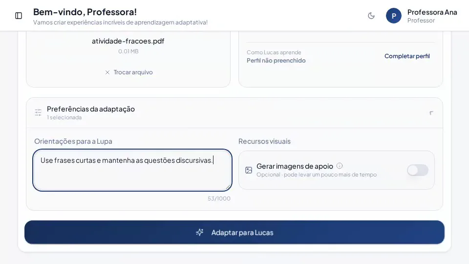 Tela de preparação da atividade com as orientações opcionais para a Lupa e a geração de recursos visuais.