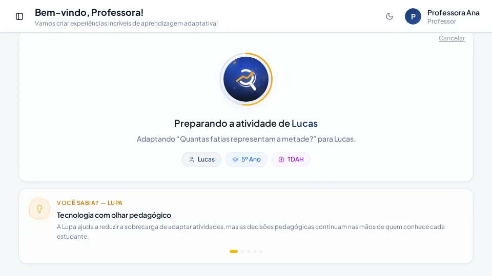 Tela de progresso da adaptação mostrando um trecho da questão que está sendo adaptada para Lucas.