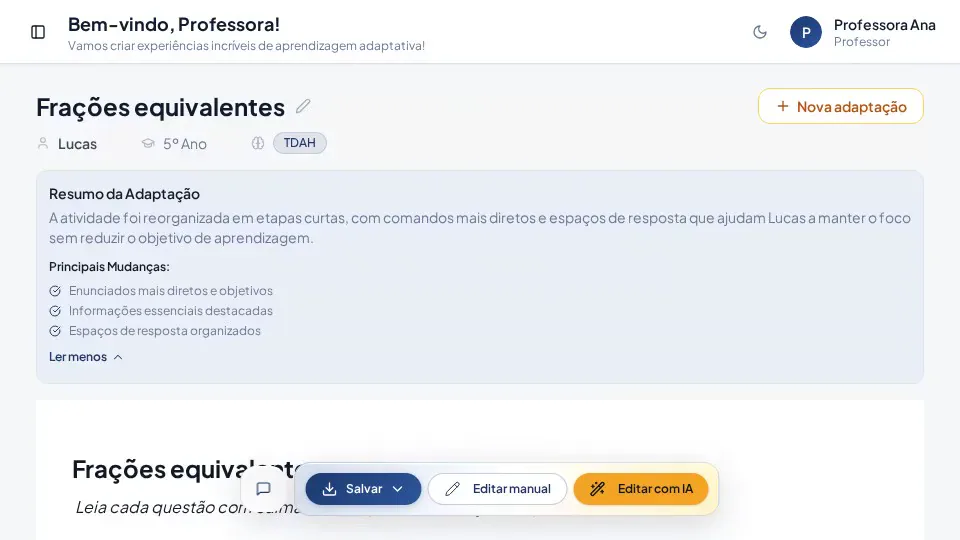 Resultado da adaptação com o resumo pedagógico expandido e a lista das principais mudanças realizadas.