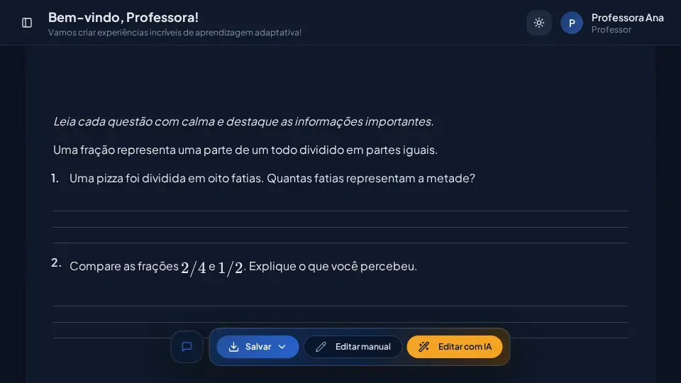 Atividade sobre frações exibida no editor da Lupa com o tema escuro.